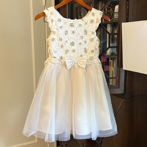 Girls 10 Zunie Ivory Dress w/ Chiffon Rosettes & Matte Gold Sequin Accents